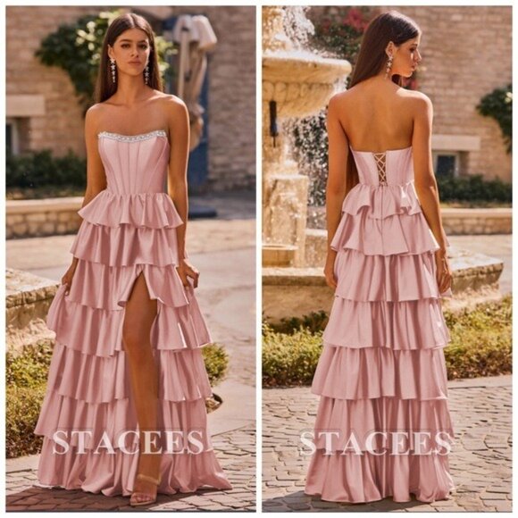 Stacees Pink A-line Strapless Corset Ruffle Slit Long Prom Dress with Beads S 8 - Picture 1 of 16